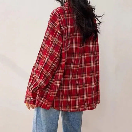 Retro Red Plaid Long Sleeve Women's Shirt Loose Fit Autumn Summer New Style Casual Fashion Open Cardigan Slimming Top Coat