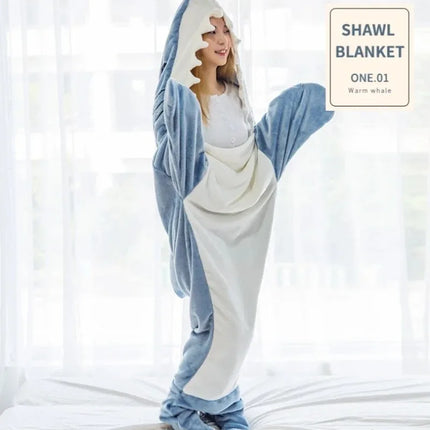 Cartoon Shark Blanket Plaid Gown Sleeping Bag Women Pajamas Adult Blanket Flannel Shark Nightrobe Comfy Bathrobe Homewear Gift