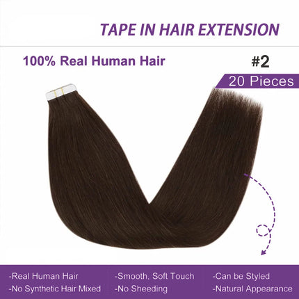 Human Hair Tape In Extensions Silky Straight Natural Color #2 Brown Color Hair Extensions Invisible 100% Real Human Hair Tape In