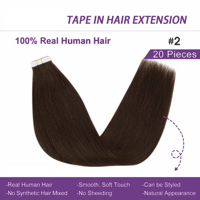 Human Hair Tape-In Extensions, Silky Straight, Natural Color #2 Brown, Invisible, 100% Real Human Hair Tape-In