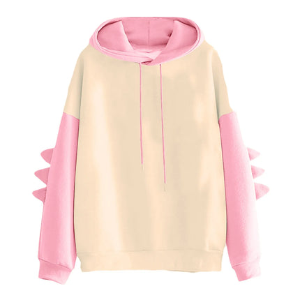 Women Cute Kawaii Japanese Style Hoodies Dinosaur Long Sleeve Drawstring Hooded Pullover Tops Color Blocking Casual Sweatshirts