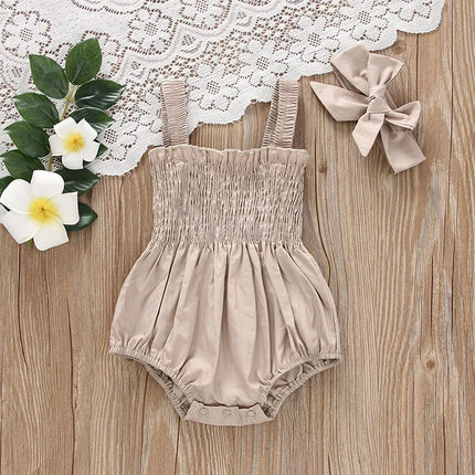 Baby's Clothes Summer Jumpsuit Outfit Solid Color Ruched Toddler Girl Casual Sleeveless Suspender Kids Rompers Headband Set