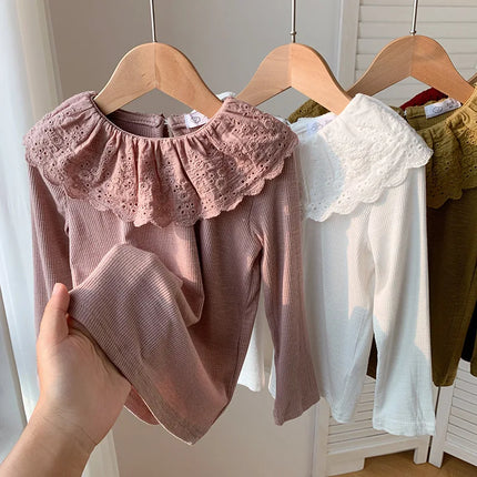 1-12 Years Long-Sleeved Shirts Children's Spring Knitted Tops Baby's Lace 2025 Lace Base Shirt Korean Girls Ruffle Collar T-shirt