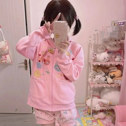 Y2k Harajuku Sweet Girls Pink Hoodies Japanese Kawaii Cartoon Print Long Sleeve Hooded Zipper Coats Women Cute 2000s Chic Jacket