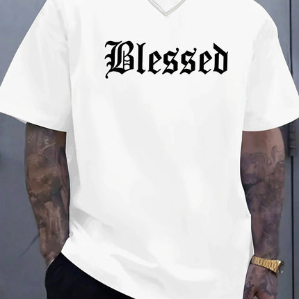 Men's summer 100% pure cotton fashionable casual loose Blessed letter pattern printed sports round neck short sleeved T-shirt
