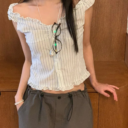Korean Sle ort Striped Vest Women Summer Outerwear Subtle Design Single Button Lobone Trendy Age-Defng Top
