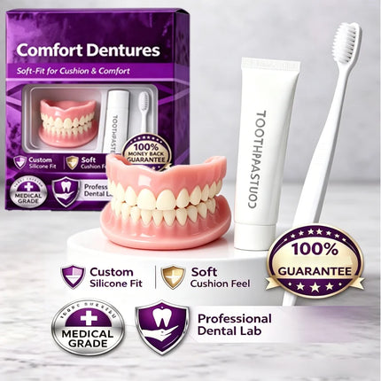 Moldable Silicone False Teeth for Men & Women, Upper Lower Set Fix Smile Fast, Free Denture Toothpaste & Toothbrush Included
