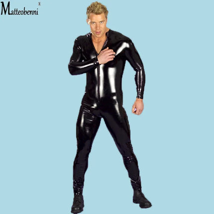 Oversized S-4XL Sexy Lingerie Men Catsuit Faux Leather Front Zipper Crotch Bodysuit Gay Fetish Costumes Erotic Lingerie Jumpsuit