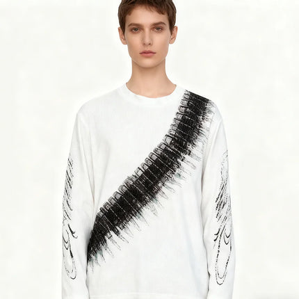 Street loose print pullover waffle long sleeved T-shirt men's American casual round neck top