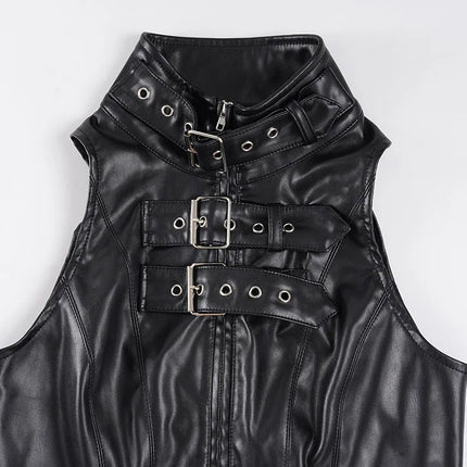 Punk Street Style Spice Girl Turtleneck Metal Buckle PU Leather Vest Slim Fit Sexy Short Sleeveless Top