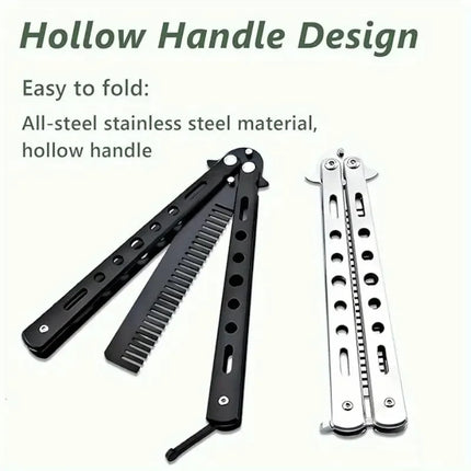 Foldable Comb Stainless Steel Practice Training Butterfly Knife Comb Beard Moustache Brushe Salon Hairdressing Hair Styling Tool