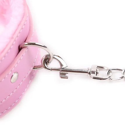 Faux Leather Plush Neck Choker Furry Collar with Metal Chain Drag Leash Lockable Harness BDSM Bondage Restraints  Sex Toys
