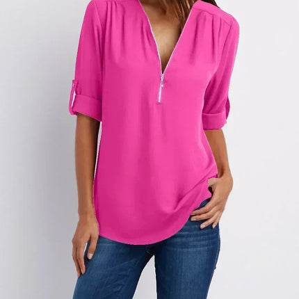 Summer Women Cool Loose Shirt Deep V Neck Chiffon Blouse Casual Ladies Tops Sexy Zipper Pullover Plus Size Long Sleeve Fashion