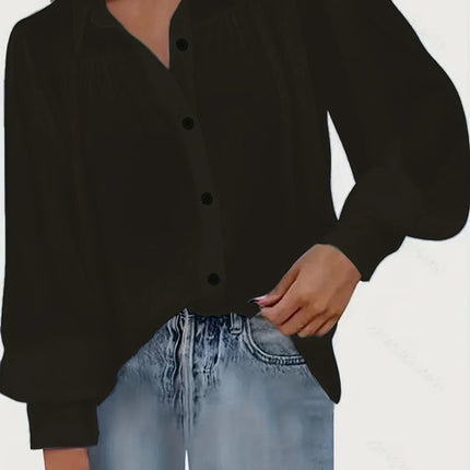 Women Fashion Plus Size 1XL-5XL Basic Blouse Ladoes Solid Button Up Lantern Sleeve Turn Down Collar Blouse Shirt