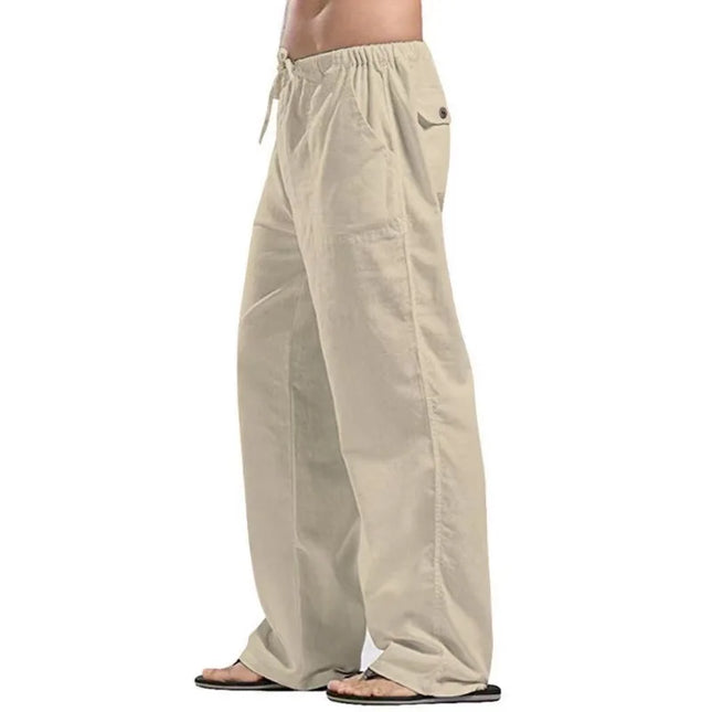 Men's Linen Loose Drawstring Pants Summer Breathable Casual Solid Color Trousers Youth Fashion Street Straight Pants