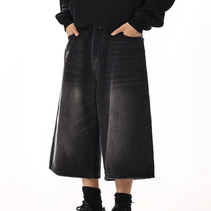 REDDACHiC Plus Size Men's Jeans Jorts Black Whiskers Cleanfit Wide Leg Casual Short Pants Hip Hop Skater Retro Summer Clothes