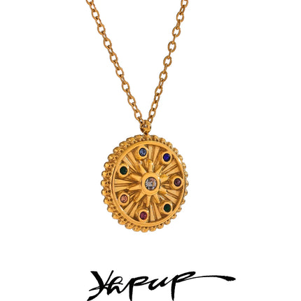 Yhpup Colorful Zircon Star Round Pendant Necklace Women 18k Gold Color Stainless Steel Fashion Trendy Daily Jewelry Wholesale