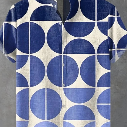 The new men's summer linen short-sleeved shirt features a pattern label. The clothing with artistic patterns, casual shirts.