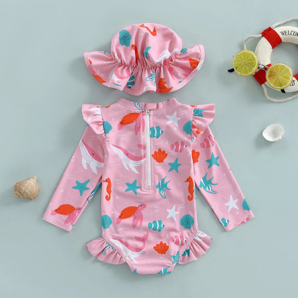 Children Baby Girl Rash Guard Long Sleeve Swimwear with Sun Hat Bathing Suit Infant Swimsuit Newborn 2 Piece Beachwear