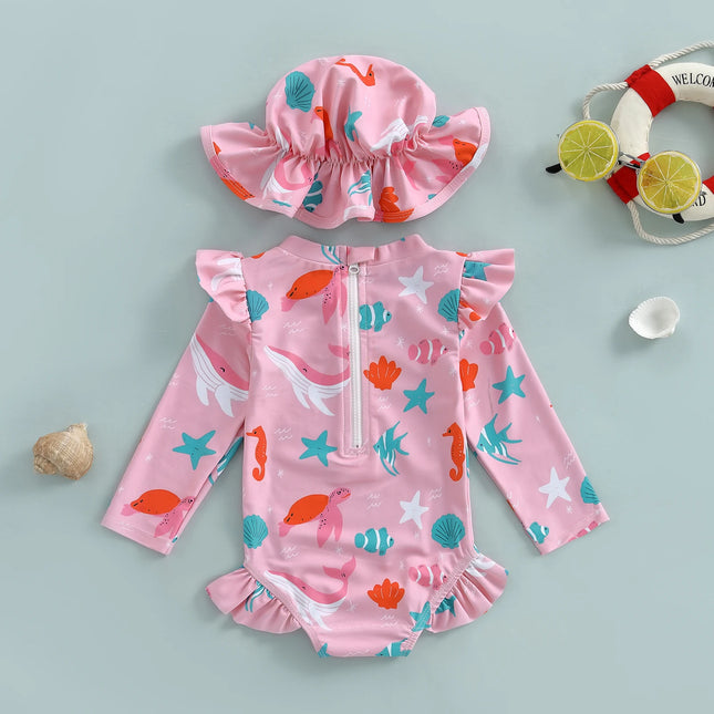 Children Baby Girl Rash Guard Long Sleeve Swimwear with Sun Hat Bathing Suit Infant Swimsuit Newborn 2 Piece Beachwear