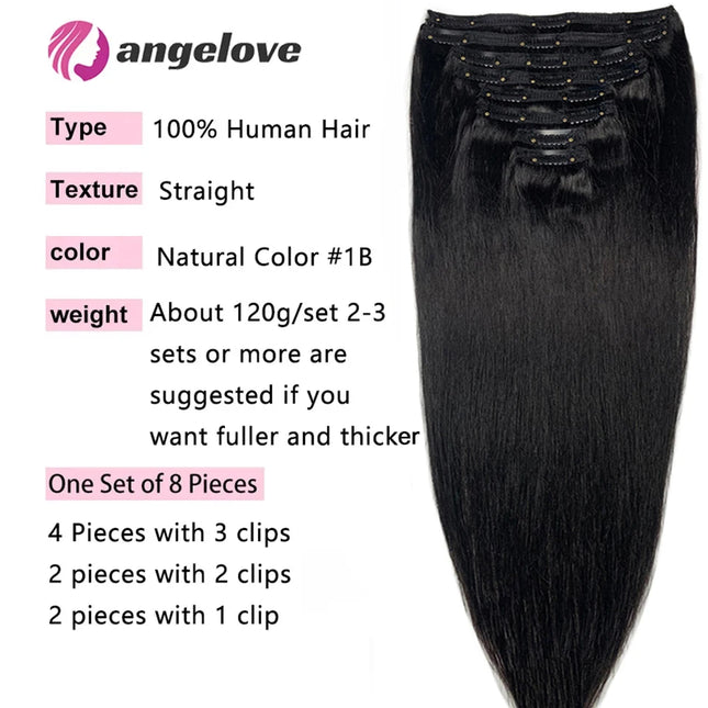 Straight Clip-In Human Hair Extensions 120g/Set Straight Clip-In Full Head Brazilian Clip Hair Extensions for Women