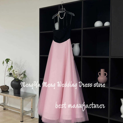 Simple Black And Pink Korea Evening Party Dresses A Line Strapless Wedding Photos Shoot Sleeveless Backless Corset Prom Dress