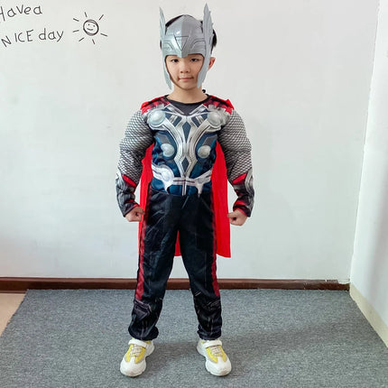 Kids Thor Muscle Costume Jumpsuit Superhero Thor Cosplay Jumpsuit Mask Hammer Suit Halloween Costumes for Child