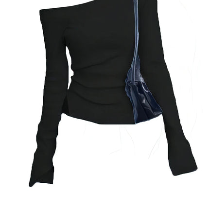 Off-shoulder Long Sleeve T-shirt Women One Shoulder Fitted Basic Plain Tee Shirt Lady Split Casual Top Spring Autumn Winter
