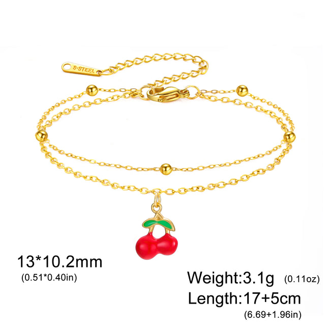 Teamer Enamel Cherry Charm Bracelet For Woman Gold Color Stainless Steel Double Bead Chain Fashion Birthday Friend Jewelry Gift