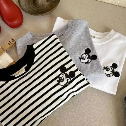 Baby Boys Girls Clothes 2025 Spring Children Cartoon Mickey Mouse Striped Raglan Sleeve Long Sleeve T-shirt Kid Fashion Clothing
