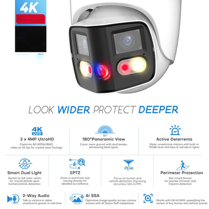 8MP Panoramic IP POE Camera 4K Outdoor 180° Dual Lens Sound Light Alarm Speaker 2.8mm ONVIF Compatible