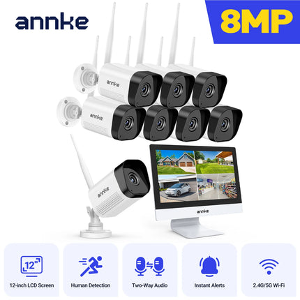 Annke 8MP wifi security camera 12 in LCD 2.4G 5.8G 4k wireless camera system Two-way voice IR night vision Outdoor wifi camera