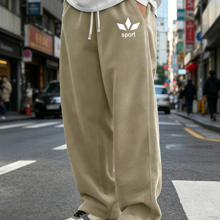 Mens Corduroy Wide Leg Trousers Elastic Drawstring Waist Abstract Leaf Sport Graphic Print Loose Straight Casual Street S-4XL