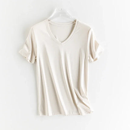 High-end New 10% Silk & Mercerized Cotton Women T-shirt Luxury Tee Short Sleeve Silky Feeling Summer Wear 2025 Tops V / O-neck