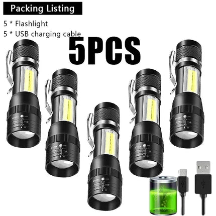Powerful Mini LED COB Flashlight USB Rechargeable Zoomable Torch with Pen Clip Outdoor Camping Emergency Portable Flashlight