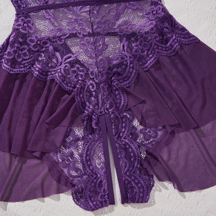 Women Plus Size Purple Lace Halter Neck Bodysuit With Peplum Skirt