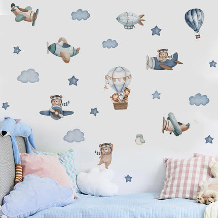 Watercolor Animals Hot Air Balloon Clouds Wall Stickers for Kids Room Baby Nursery Room Wall Decals Boy Room Stickers Wall Decal