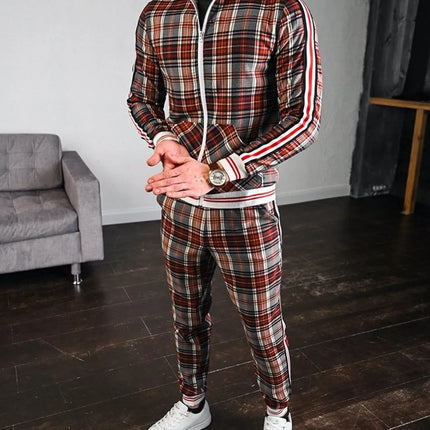 2025 Men Tracksuit 2pc Set Gym Hiking Plaid Zipper Hoodie Cargo Pants Autumn Athleisure Outfit Fleece Jogger Sportswear