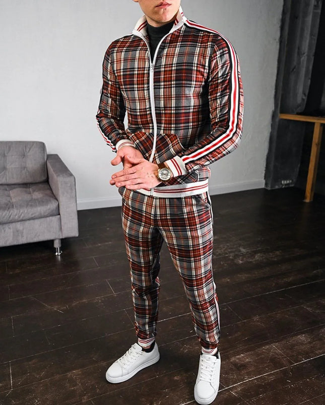 2025 Men Tracksuit 2pc Set Gym Hiking Plaid Zipper Hoodie Cargo Pants Autumn Athleisure Outfit Fleece Jogger Sportswear