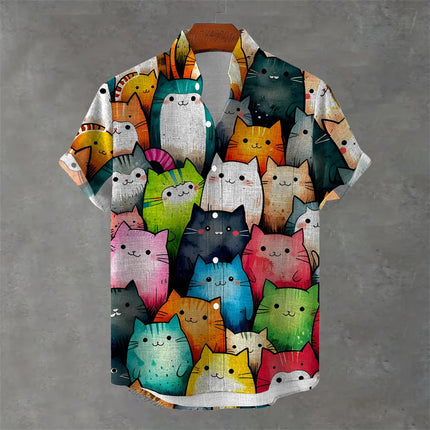 Men's New Short-Sleeved Shirt, Cartoon Cat Print, Hawaiian Style Casual Vacation Lapel Top, Wrinkle-Resistant and Non-Iron.