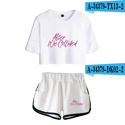 Youthful Black White After We Collided Girl Dew navel Two Piece Set Sexy Short Sleeve Crop T-shirts+Shorts Pants Tracksuit