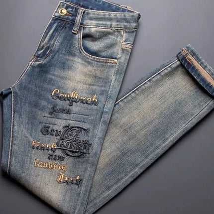New Spring/Autumn Fashion Trendy Printed American Retro Straight Leg Jeans Men's Casual Sports High Quality Stretch Denim Pants