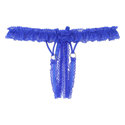Mens Sexy Frilly Lace Open Penis Pouch Thongs Bow Elastic Waistband G-string Crotchless T-back Lingerie Sissy Underwear