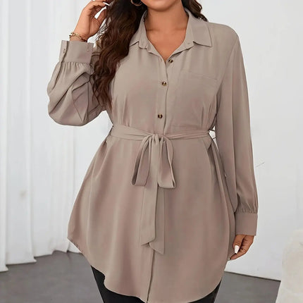 Plus Size Solid Belted Button Front Shirt, Elegant Curved Hem Long Sleeve Shirt For Spring & Fall, Women's Plus Size Clothing