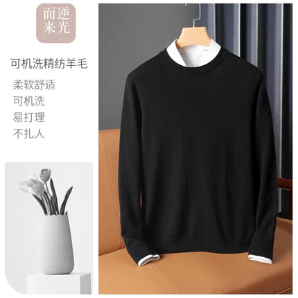 100% Wool Round Neck Solid Color Knitted Sweater Men's Pullover Long Sleeved Loose Sweater Business Casual Simple Cashmeres 2026
