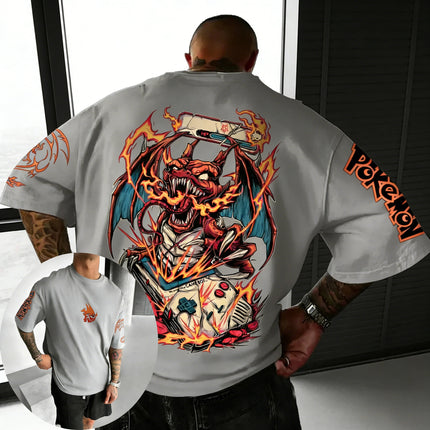Pokemon  Game Charizard Co Branded Cotton T-shirt Summer New Men's and Women's Loose Casual Hip-hop Trend Short Sleeved Top