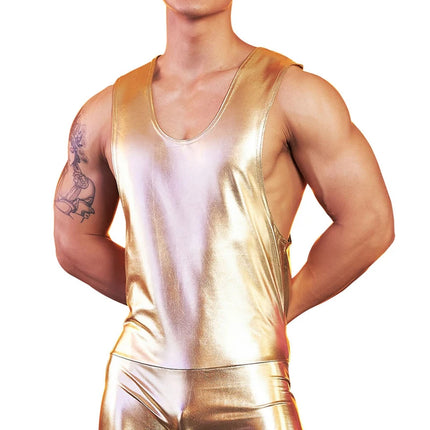Black Gold Silver Men Metallic Faux Leather Tank Tops Sleeveless Short Jumpsuit Sexy Tight Bodysuit Fitness Wrestling Shapewear