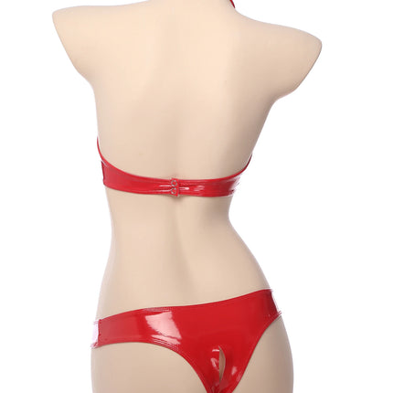 Underwear Set 2 Piece Sexy Women Hollow Crotch Open Bust Latex Leather Bra And Thong Exotic Adult Club Clothing Lingerie Outfits