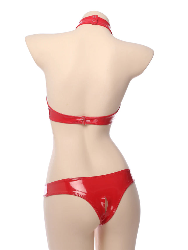 Underwear Set 2 Piece Sexy Women Hollow Crotch Open Bust Latex Leather Bra And Thong Exotic Adult Club Clothing Lingerie Outfits