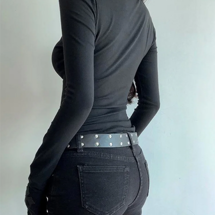 Turtleneck Top Y2k Clothes Black Gothic Cross Hollow Slimming Bottom T Shirt for Women Long Sleeve Sexy T-shirt Girls Tops